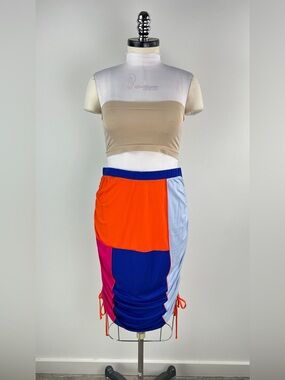 💚 3569. Colorblock Ruched Midi Skirt in Orange, Blue & Pink